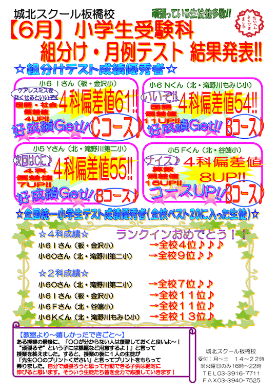 【小学生】6月 受験科 組分け・月例テスト結果発表！